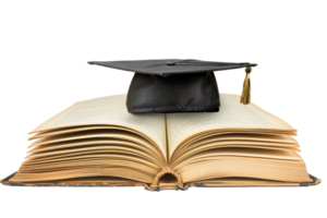 Graduation cap on an open book symbolizing education, learning, and academic achievement. Perfect for themes of study and scholarship. png