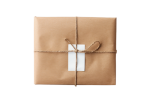 A neatly wrapped brown paper package tied with a simple string and blank name tag. Perfect for delivery, gifts, or packaging themes. png