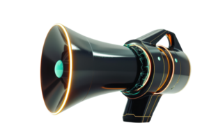 Futuristic high-tech megaphone with sleek design, glowing lights, and modern aesthetics, ideal for announcements and communication illustrations. png
