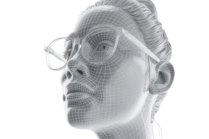 High-tech wireframe model of a person wearing glasses, representing virtual reality and digital innovation. Perfect for technology themes. png