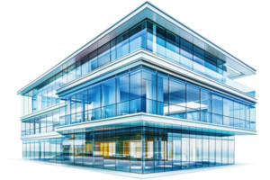 Modern glass office building with sleek architecture and blue-tinted windows showcasing a contemporary urban design on a transparent background. png