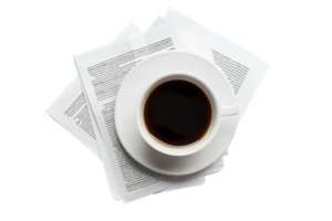 A cup of black coffee placed on top of stacked documents, representing work, refreshment, and productivity in an office setting. png