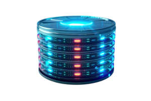 Futuristic data server with glowing blue and red lights, showcasing advanced technology and innovation in digital storage solutions. png