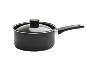 A black saucepan with a black lid and a handle, isolated on a transparent background. Perfect for cooking and kitchen-themed projects. png