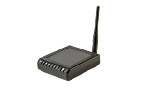 A black wireless router with an antenna, isolated on a transparent background. Ideal for technology, networking, and internet-related projects. png