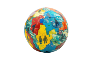 A colorful, abstract globe with human silhouettes, symbolizing global community and diversity. Artistic representation of the world. png
