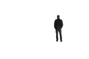 A man in casual attire stands alone against a transparent background. captured from the back, symbolizing solitude and contemplation. png
