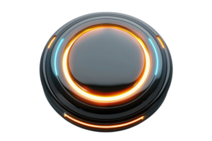 Futuristic glossy black button with orange and blue lights. High-tech design element for modern interfaces and gadgets. png