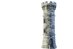 A majestic medieval stone tower with crenellations and an arched entrance, isolated on a transparent background. png