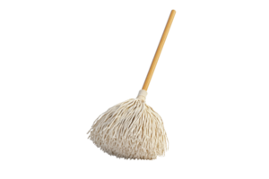 A simple mop with a wooden handle and white cotton strands, isolated against a transparent background. Perfect for cleaning-themed projects. png
