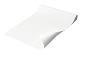 Blank sheet of white paper isolated on transparent background, showing a slight curl at the bottom corner, ideal for design mockups and presentations. png