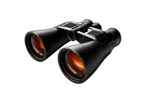 A pair of vintage black binoculars with red-tinted lenses isolated on a transparent background. Perfect for exploration and adventure themes. png