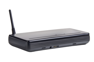 Black wireless router with an antenna isolated on a transparent background. ideal for networking and internet connection purposes. png