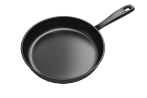 Black non-stick frying pan with a handle on a transparent background. perfect for cooking and kitchen-themed projects. png