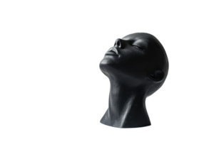 Black mannequin head sculpture with closed eyes against transparent background. evoking serenity and calmness. png