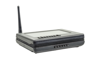 Black wireless router with antenna, isolated on transparent background. High-speed internet connection device for home and office. png