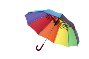 Bright and colorful rainbow umbrella isolated on a transparent background. Perfect image for weather, protection, and fashion themes. png