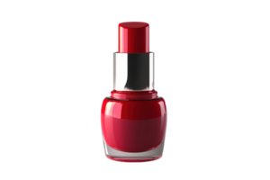 Close-up image of a red nail polish bottle with a silver cap, perfect for beauty and fashion related projects or articles. png