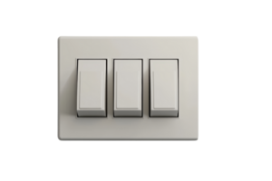 Close-up of a modern triple light switch on a white wall, showing the simplicity and functionality of home electrical fixtures. png