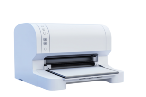 Close-up of a modern white office printer, showcasing sleek design and convenient functionality for professional document printing needs. png