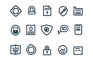 Collection of 15 black line icons featuring various business and security symbols, perfect for web design, apps, and presentations. png