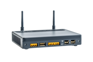 Close-up of a wireless router with dual antennas, multiple ports, and a sleek black design. Ideal for networking and internet connectivity images. png