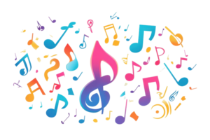 Colorful musical notes and symbols in bright colors creating an abstract, vibrant, and lively composition. png
