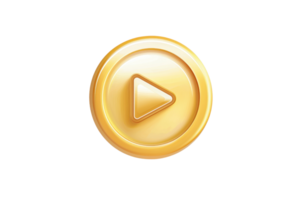 Gold play button icon on transparent background, perfect for player or multimedia applications, ideal for web design and UI elements. png