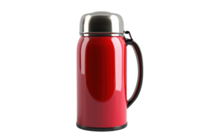 Red stainless steel thermos flask with black handle isolated on transparent background. ideal for keeping beverages hot or cold for extended periods. png