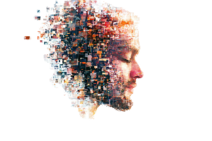 Abstract digital art of a man's side profile with pixel dispersion effect, symbolizing technology, innovation, and human creativity. png