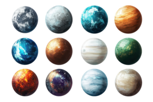 A colorful collection of digital planet illustrations, showcasing a variety of vibrant textures and designs in a sci-fi themed style. png