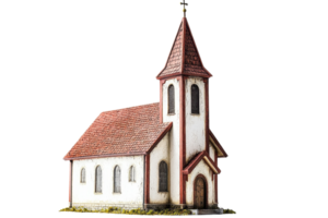 A detailed 3D rendering of a charming small church with a red roof and white walls, featuring arched windows and a tall steeple. png