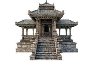 A historical stone temple with intricate architectural details, featuring grand staircases and multiple levels, isolated on a transparent background. png