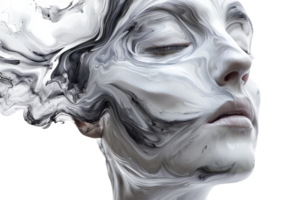 Abstract digital art of a serene face merging with swirling black and white textures, representing a fusion of human and artistic elements. png