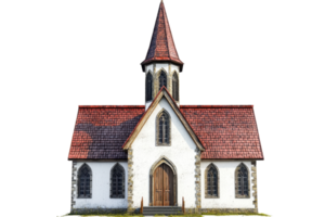 A quaint, old-fashioned church building with a red roof, white walls, and arched windows, showcasing classic architectural design. png