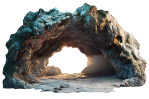 A scenic natural cave formed by rocky formations, illuminated by sunlight. Perfect for nature, adventure, and exploration themes. png