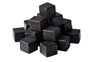 A stack of black wooden cubes arranged in a pyramid formation on a transparent background. perfect for abstract design and conceptual imagery. png