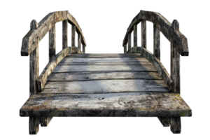 A rustic wooden bridge with weathered planks and railings, isolated on a transparent background. showcasing vintage charm and craftsmanship. png