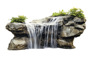 A stunning waterfall cascading over large rocks surrounded by greenery, isolated on a transparent background. for easy integration into designs. png