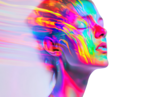 A vibrant digital art portrayal of a woman's face merging with colorful abstract patterns, evoking creativity and imagination. png
