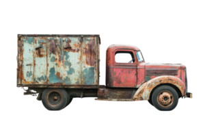 A vintage rusty truck with a weathered cargo box, showcasing age and character, isolated on a transparent background. png