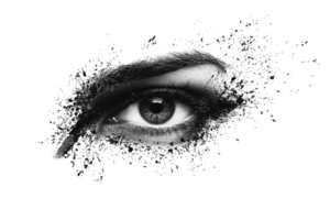 Abstract artistic rendering of a single eye, blending into the background with a particle dispersion effect, evoking mystery and creativity. png