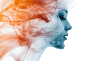 Abstract art of a woman's face blending with colorful wisps of smoke, creating a surreal and dreamy effect. png