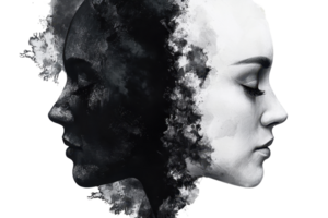 Abstract artistic portrait of two faces merging into black and white, symbolizing contrast and harmony. Digital art, surreal, conceptual design. png