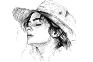 Abstract sketch of a woman's face with an artistic style, wearing a hat, emphasizing lines and shadows. png