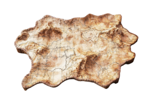Ancient parchment map with detailed geographical features and terrain, representing an old, historical navigation or adventure tool. png