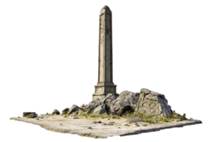 Ancient stone obelisk standing on a rocky terrain against a clear backdrop, showcasing historical architectural significance. png