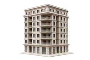 Architectural rendering of a modern multi-story apartment building with balconies depicted in a detailed three-dimensional illustration. png