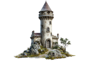 Ancient stone castle tower with red roof nestled among rocky terrain, surrounded by greenery under a clear sky, historical and scenic view. png