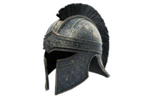 Ancient Roman helmet with intricate designs and a crest. Historical artifact representing Roman military armor. Ideal for educational or historical visuals. png